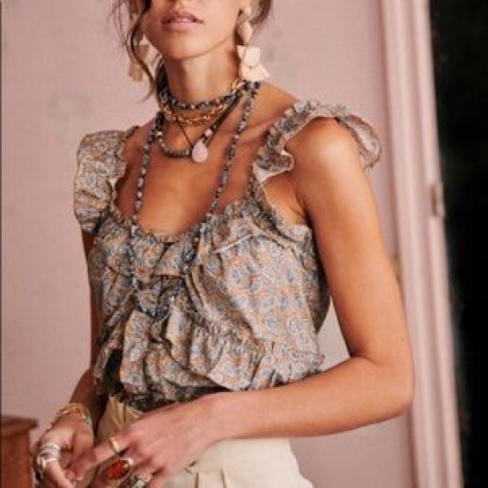 Sezane Alban Top in Coffee Blue Cashmere Paisley Print FR34 Excellent Condition